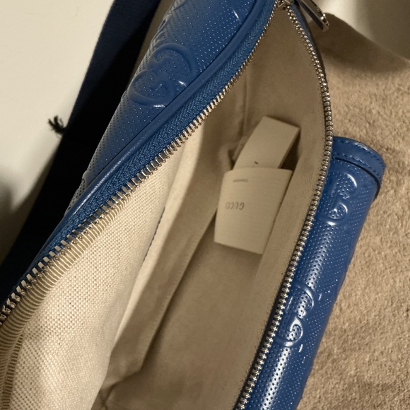GUCCI blue Calf TENNIS perforated GG Embossed leather 90-36 Belt Bag - Picture 8 of 13